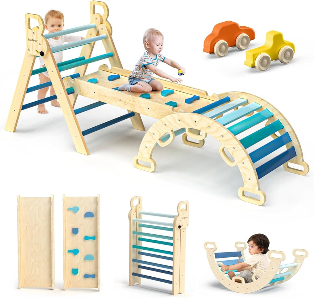 BlueWood Pikler Triangle Set 7in1 Foldable Baby Climbing Toys Wooden Montessori Climbing Set with... | Amazon (US)