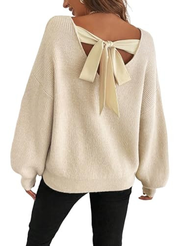 ZAFUL Women's Bow Chuncy Knit Sweater Crew Neck Long Sleeve Knitted Sweater Trendy Fall Pullover Sweaters 2025 Apricot M | Amazon (US)