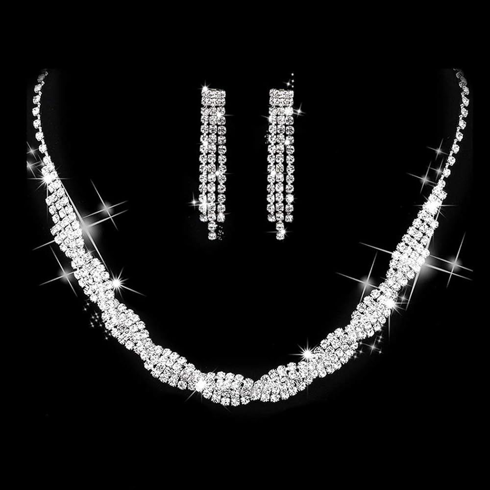 Unicra Bride Silver Necklace Earrings Set Crystal Bridal Wedding Jewelry Rhinestone Bridesmaid Pa... | Amazon (US)