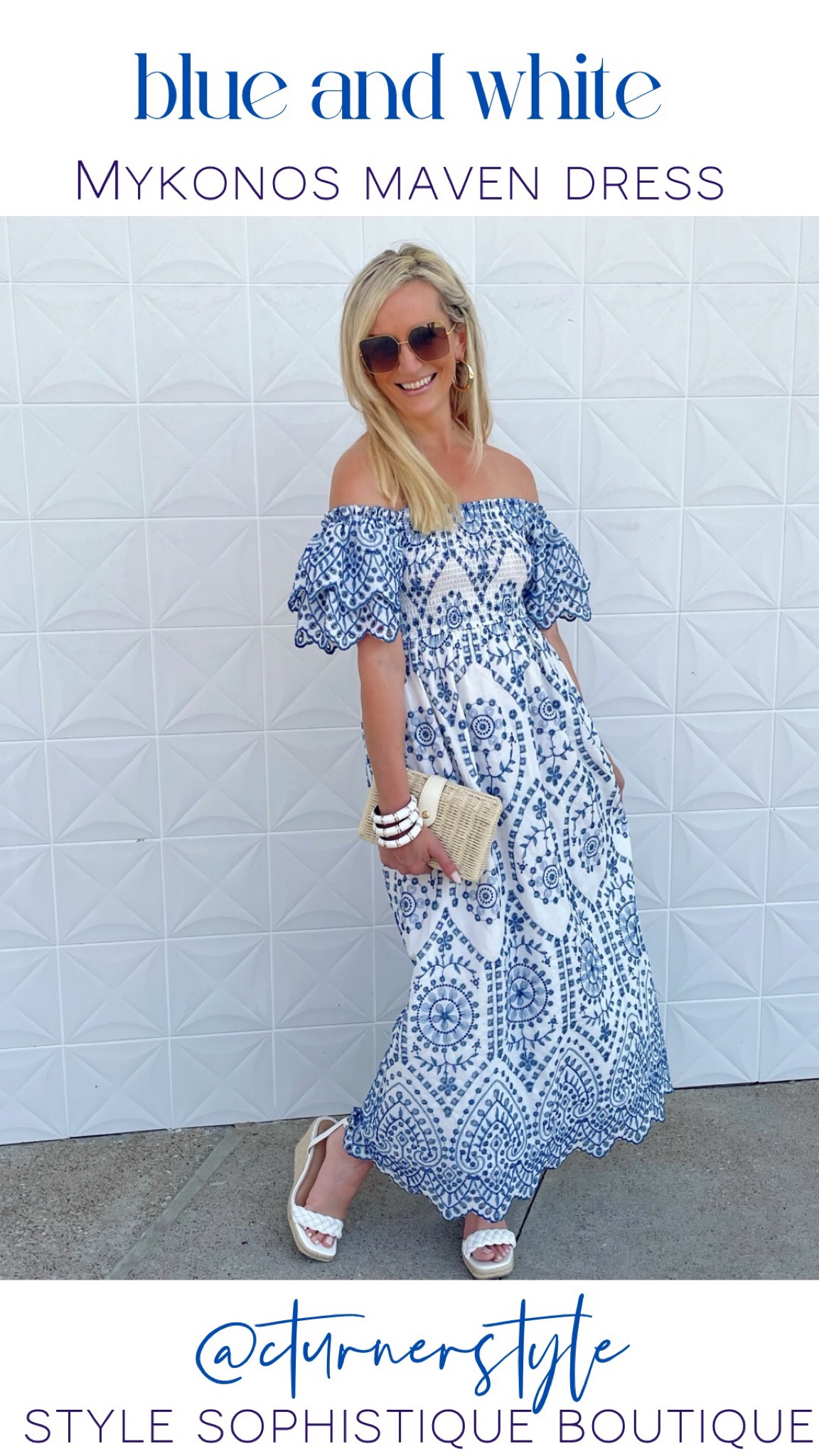 Blue and white is so chic for Summer and of course the 4th! Grab the dress from Style Sophistique boutique. I’m in a small and I’ve linked shoes and bag here!