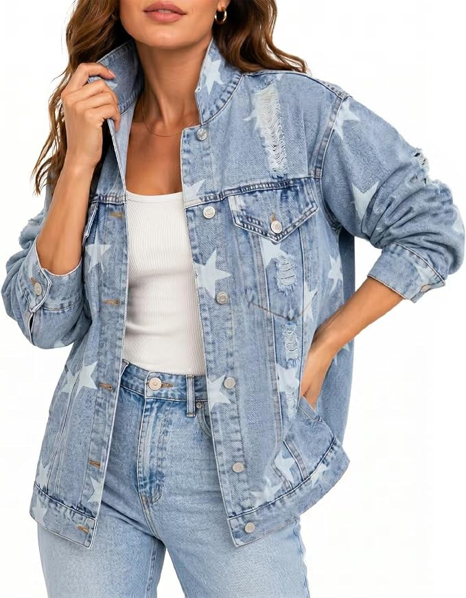 Women's Star Print Denim Jacket Button Down Jean Coats Distressed Frayed Casual Long Sleeve Jean ... | Amazon (US)