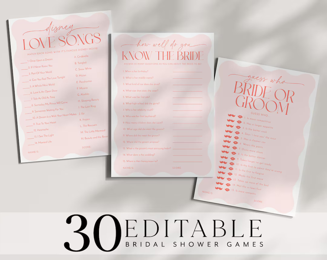 Pink Red Wavy Bridal Shower Games Editable, Hot Pink Bridal Games Printable, Pink Wave Bridal Gam... | Etsy (US)