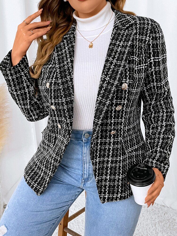 SHEIN Unity Plus Plaid Pattern Double Breasted Tweed Blazer | SHEIN