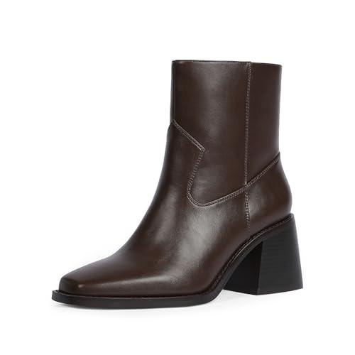 Easyfox Chocolate Brown Boots for Women Chunky Heeled Ankle Boots Booties Square Toe Low Heel Comfy Short Boot Cute Fall Brown Heel Booties for Women 2025 Size 9.5 | Amazon (US)