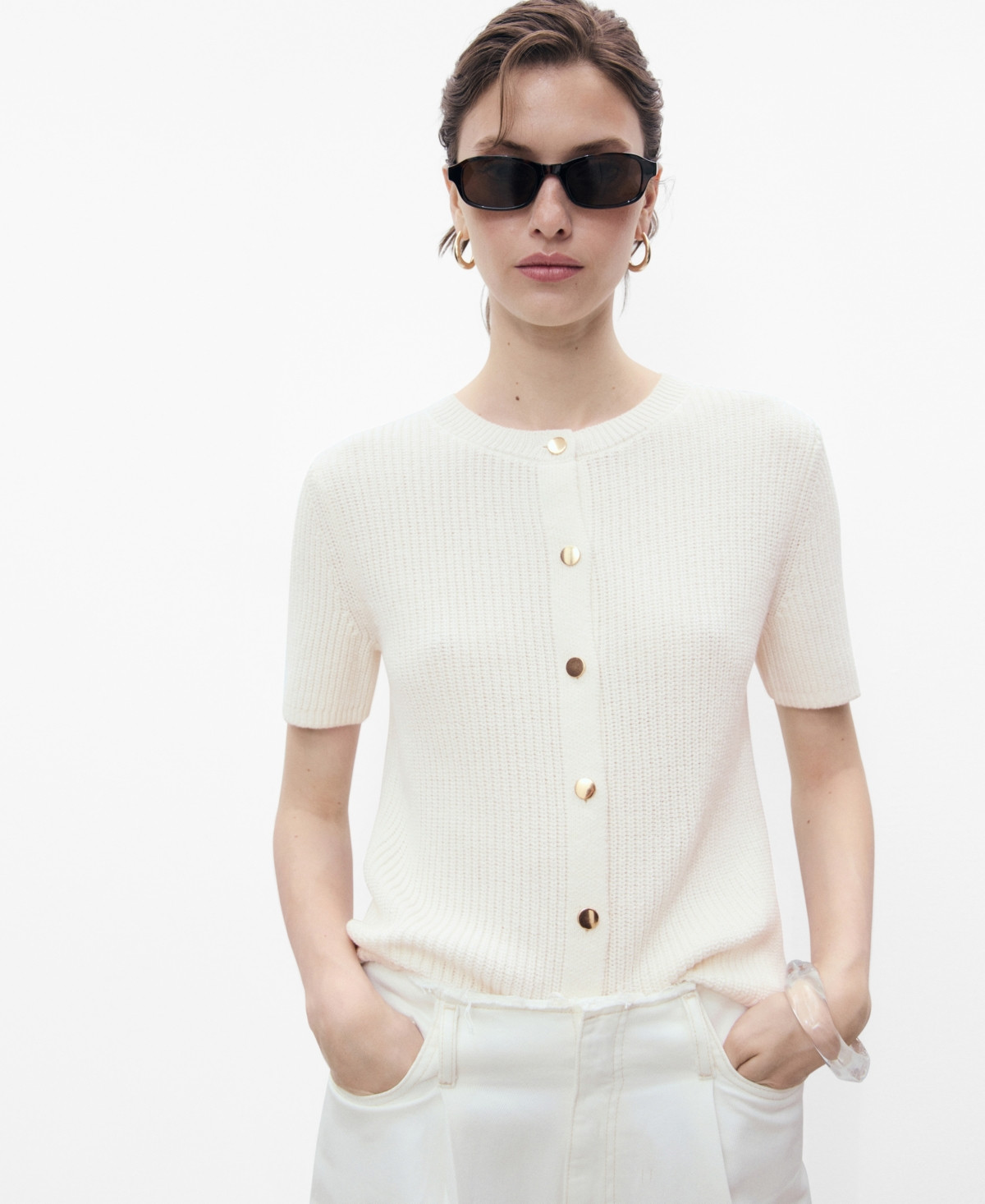 Mango Women's Short-Sleeved Knitted Cardigan - Ecru | Macy's