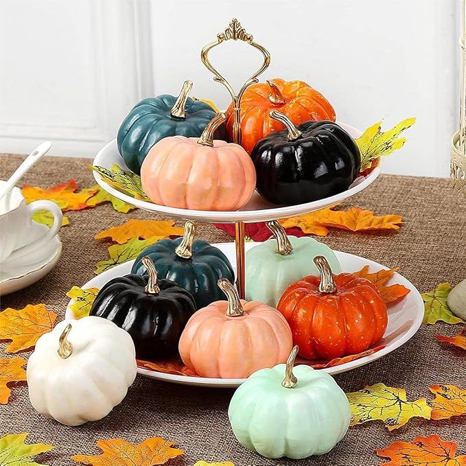 12 PCS Pumpkins Decor, Fall Home Decor, White Orange Plaid Artificial Rustic Pumpkins Decor, Fall... | Amazon (US)