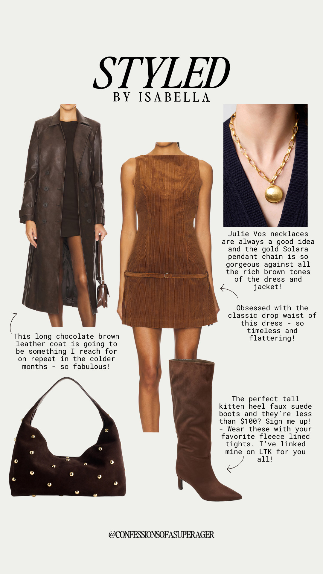 Cold-weather chic activated. ❄️🤎 This rich chocolate-brown moment is my go-to winter outfit formula right now — a cozy faux-suede boot, a classic leather coat, and the prettiest corduroy mini that layers like a dream. I’ve been loving warm brown tones for winter because they look luxe, intentional, and so flattering on everyone.

The boots are under $100 (yes, really!), the coat is that forever piece you’ll grab all season long, and the Julie Vos necklace ties the whole winter look together. If you’re building a chic, wearable winter wardrobe, this outfit is exactly where to start. 🤎✨

Shop the full winter edit here!
@confessionsofasuperager
#WinterOutfitIdeas #ChicWinterStyle #BrownOutfitInspo #LTKWinter #LTKStyle #WinterWardrobeEssentials #ColdWeatherOutfits #Over40Style #NeutralOutfits #WinterFashionTrends #LTKFinds #OutfitInspo #DailyOutfit #ElevatedBasics #CasualChicStyle 

 

#LTKHoliday #LTKOver40 #LTKSaleAlert