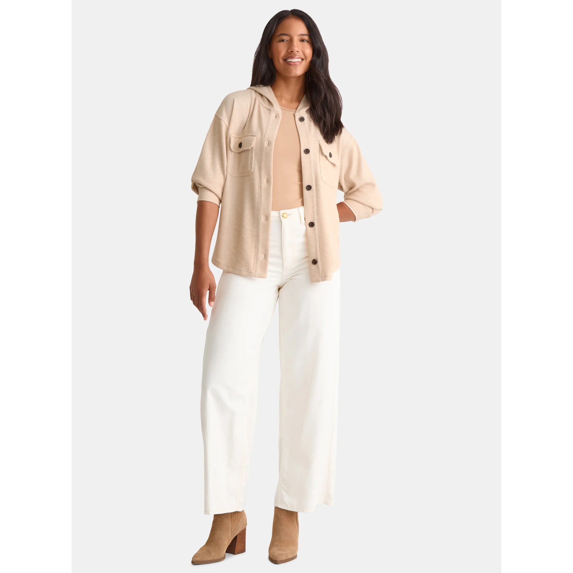 Time and Tru Women's and Women's Plus Ribbed Shirt Jacket with Hood, Sizes XS-4X | Walmart (US)