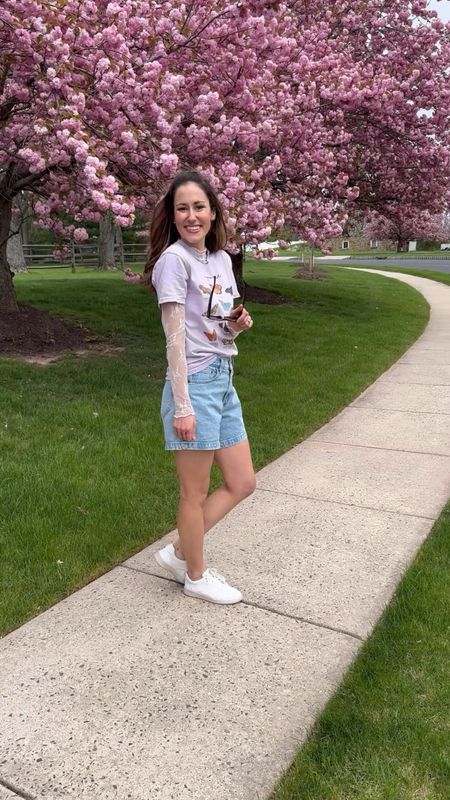 Long sleeve sheer lace top layered under a butterfly graphic tee + Abercrombie curve love denim dad shorts (TTS) + my favorite everlane white sneakers 🤍🦋 

Tarte discount code: ERICA 💜💋

Casual spring outfit // summer outfit // best jean shorts 

#LTKsalealert #LTKSeasonal #LTKfindsunder50