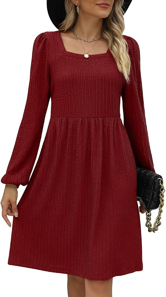 WEESO Womens Knit Dress Square Neck Long Sleeve Knee Length Babydoll Dresses | Amazon (US)