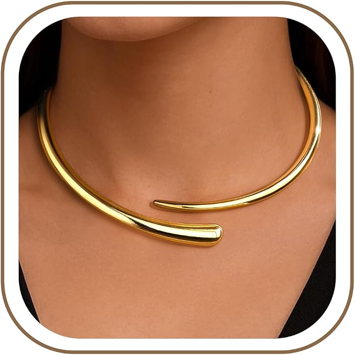 Statement Chunky Gold Collar Necklace for Women,Teardrop Open Cuff Choker with Spring-Hinged Clas... | Amazon (US)