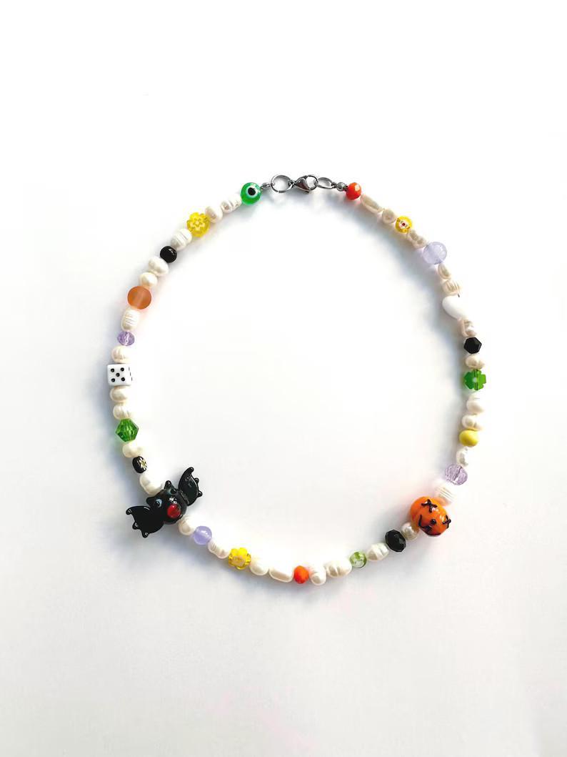 Halloween Beaded Necklace, Pumpkin Necklace, Unisex Beaded Necklace, Freshwater Pearl Halloween N... | Etsy (US)