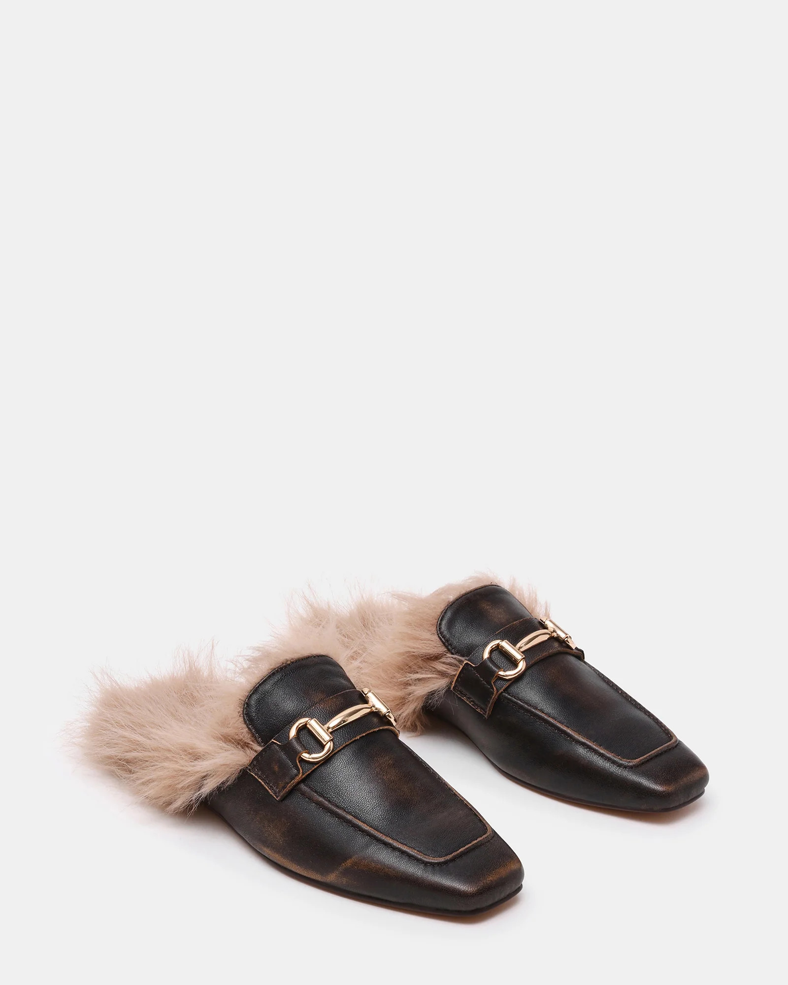 ROMEO Faux Fur Brown Slip-On Horsebit Mule Women's Flat | Steve Madden (US)