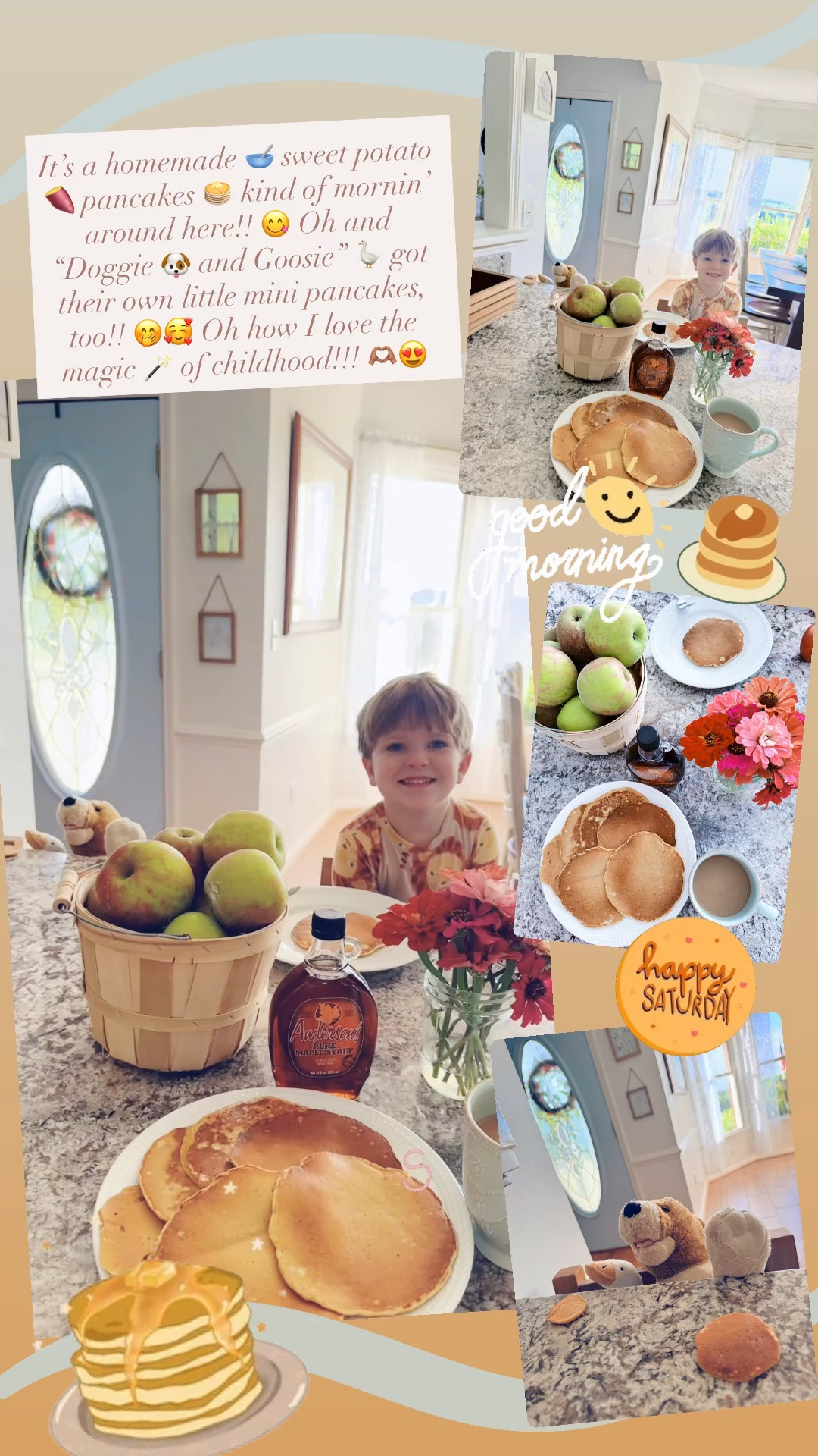 It’s a homemade 🥣 sweet potato 🍠 pancakes 🥞 kind of mornin’ around here!! 😋 Oh and “Doggie 🐶 and Goosie” 🪿 got their own little mini pancakes, too!! 🤭🥰 Oh how I love the magic 🪄 of childhood!!! 🫶🏽😍