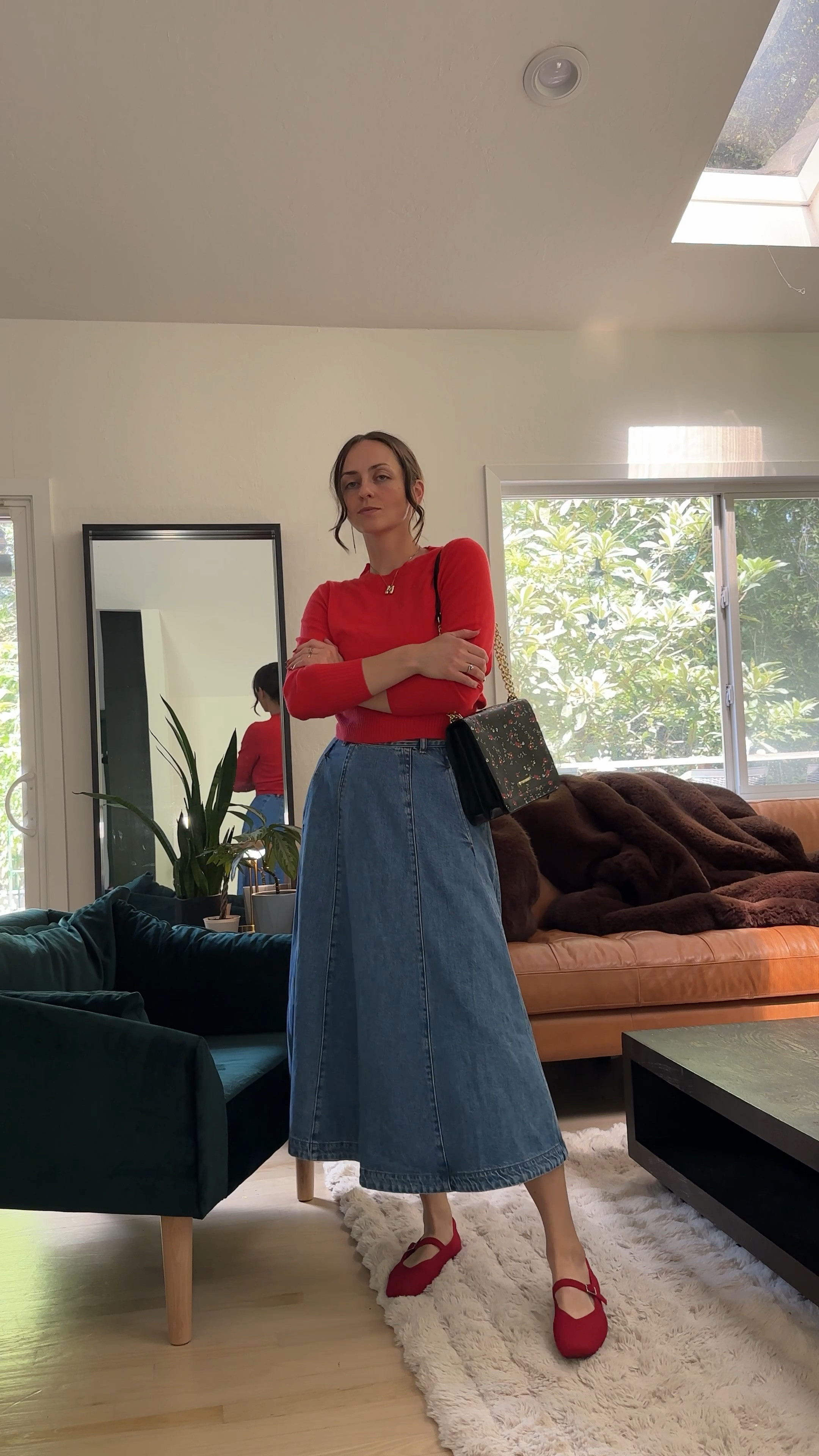 Fall outfit - midi denim skirt, red cashmere top, red ballet flats, pink trench coat #fallstyle #falloutfit

#LTKFallSale #LTKSeasonal #LTKWorkwear