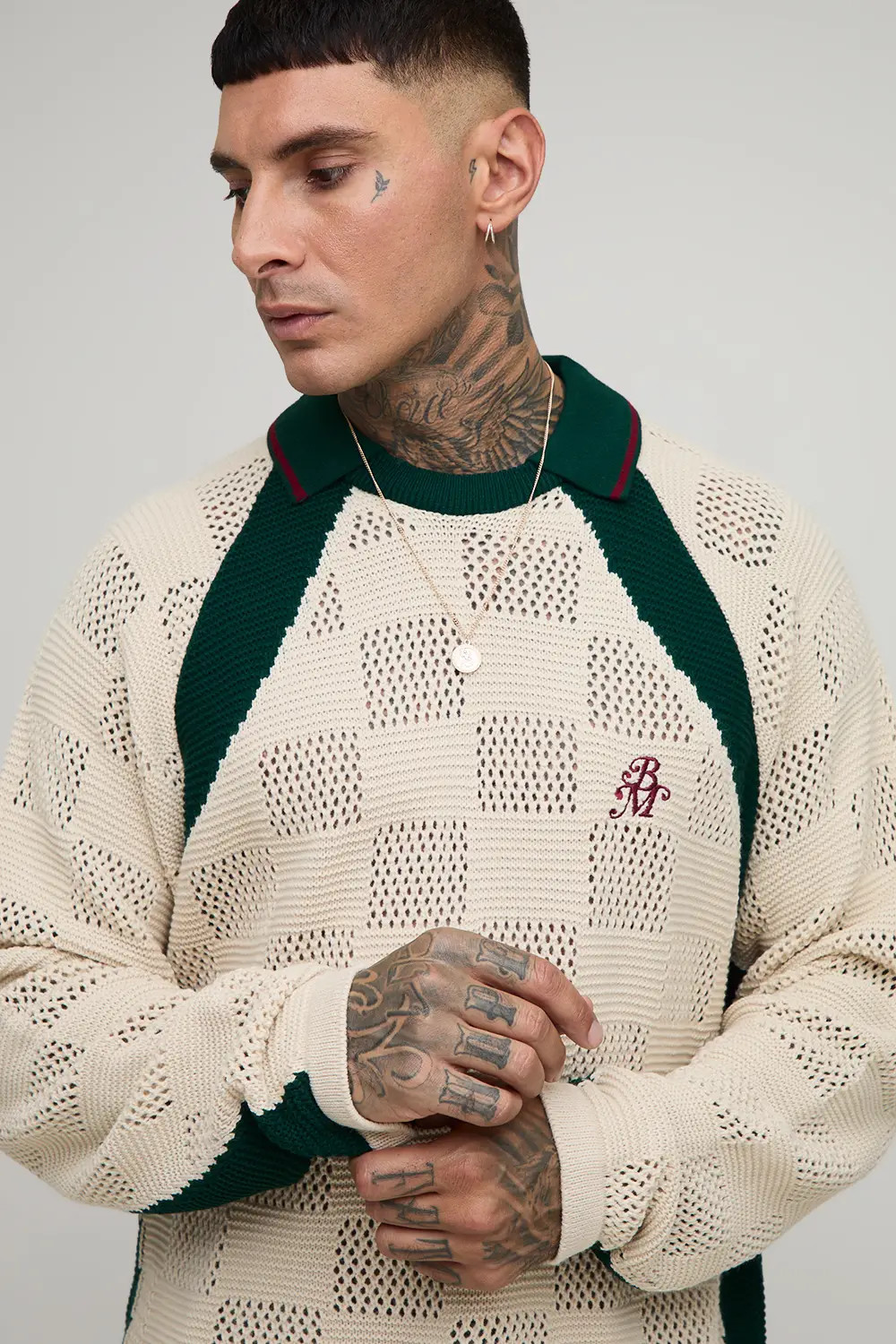 Ecru boohooMAN Tall Oversized Boxy Retro Football Knitted Polo | Boohoo USA | boohoo (US & Canada)