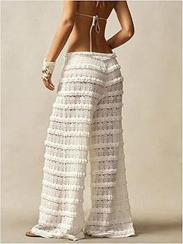 Women's Crochet Lace Pants Ruffle Layered Elastic Waist Mesh Bathing Suit Cover Up Beach Pants | Amazon (US)