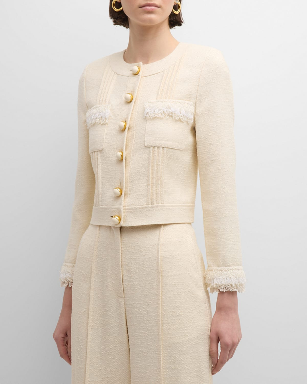 Fringe-Trim Single-Breasted Tweed Jacket | Neiman Marcus
