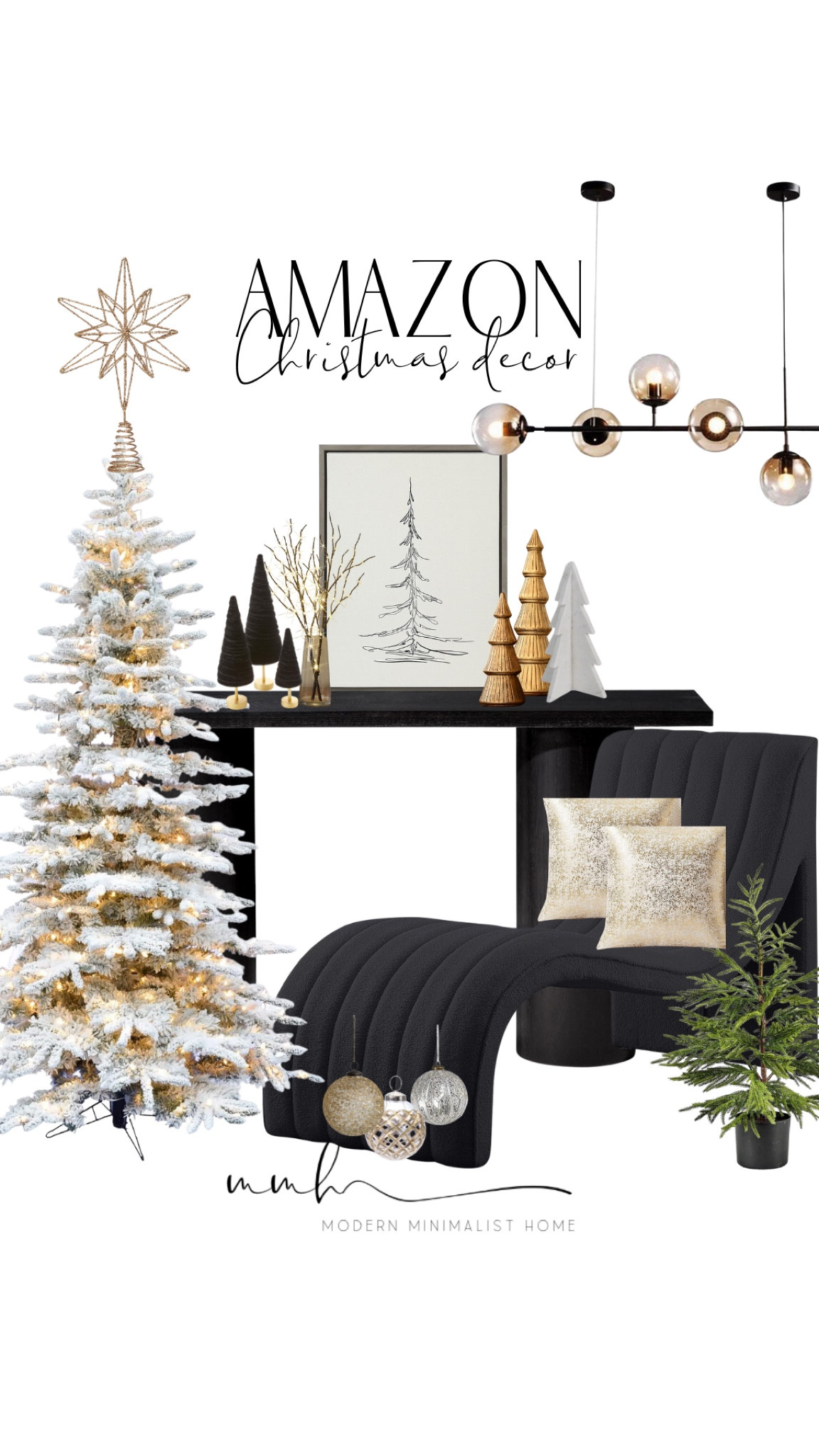 Creating a cozy, modern holiday vibe with these stunning @Amazon Christmas finds! 🎄✨ This mood board features a gorgeous 9 ft pre-lit tree topped with a gold star, paired with festive ornaments and chic Christmas tree wall decor. The white tree tabletop decor and modern lighting bring elegance, while the black chair and console table anchor the space. Cozy pillows add warmth, making this the perfect blend of festive and stylish! 

#LTKHoliday #LTKHome #LTKSeasonal