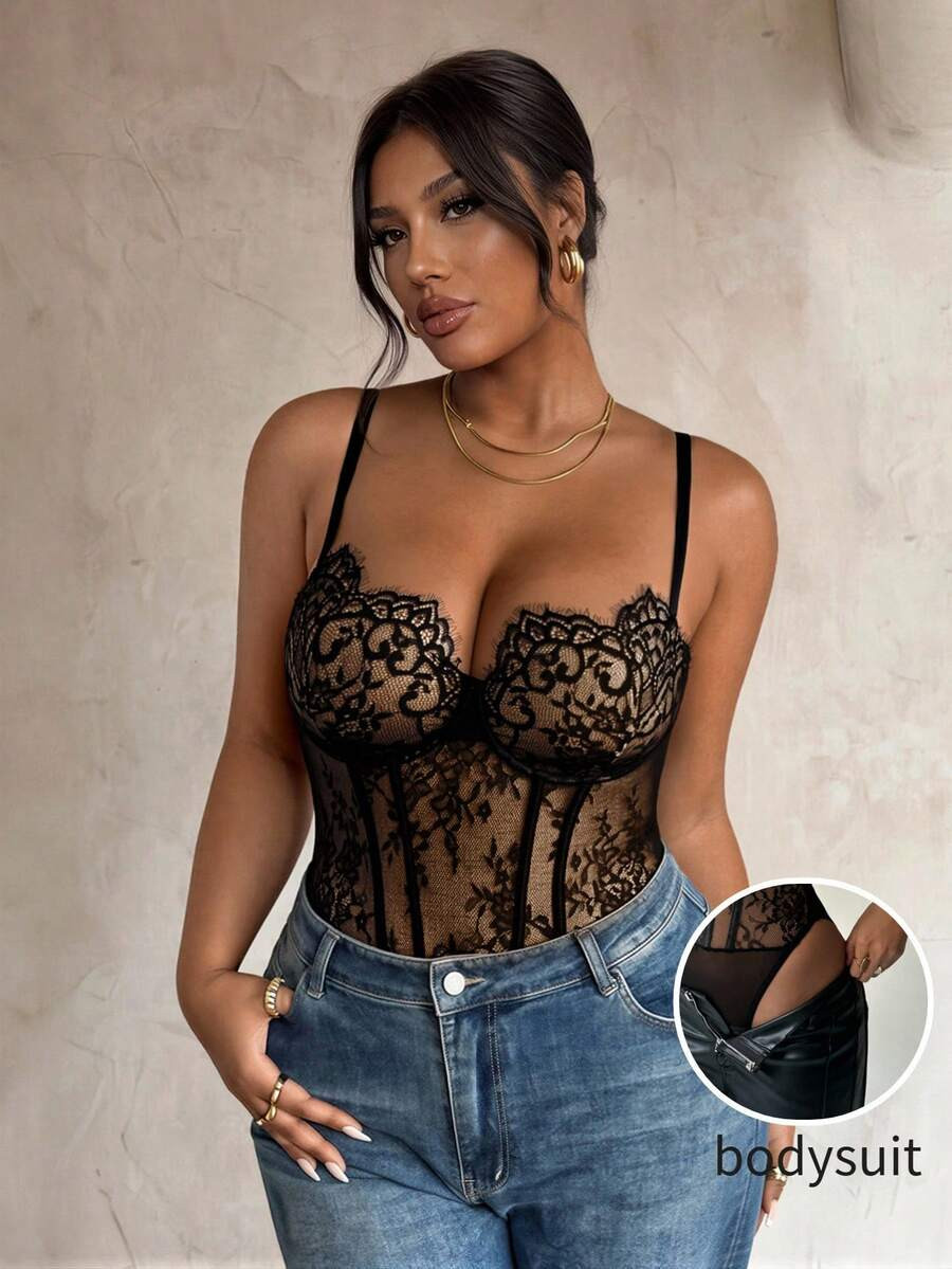 Firerie Plus Size Sexy Sheer Lace Camisole Elegant Lace Summer Vacation Going Out Bodysuit Party ... | SHEIN