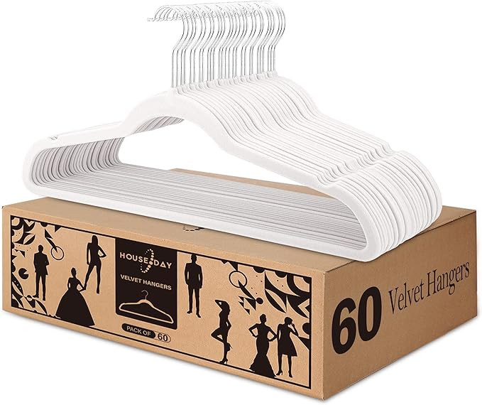 HOUSE DAY White Velvet Hangers 60 Pack, Non Slip Felt Hangers Space Saving Clothes Hanger Velvet ... | Amazon (US)