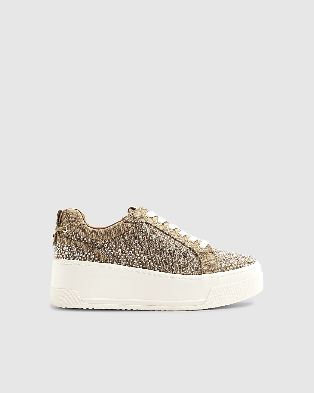 Beige Monogram Diamante Lace Up Trainers | River Island UK & IE