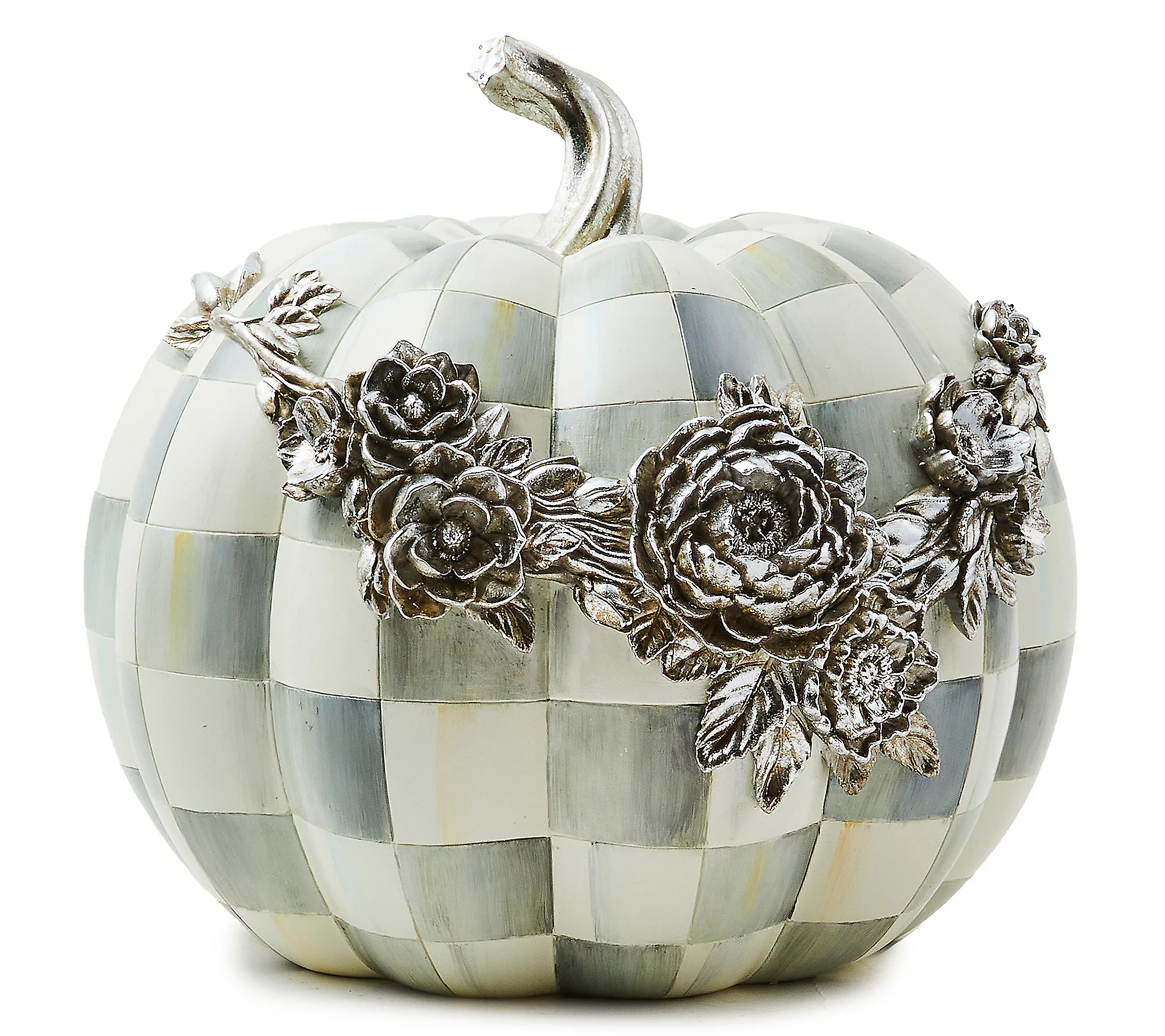 Mackenzie-Childs Sterling Check Large Silver Floral Pumpkin | QVC