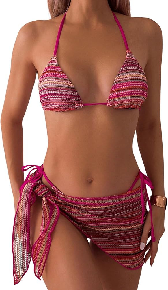 MakeMeChic Women's 3 Piece Bikini Sets Striped Halter Summer Swimsuit with Tie Side Beach Skirt | Amazon (US)