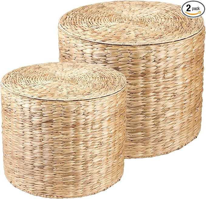 KOL Nesting Multipurpose Handwoven Storage Basket (Set of 2), Round Rattan Natural Stool/Side Tab... | Amazon (US)