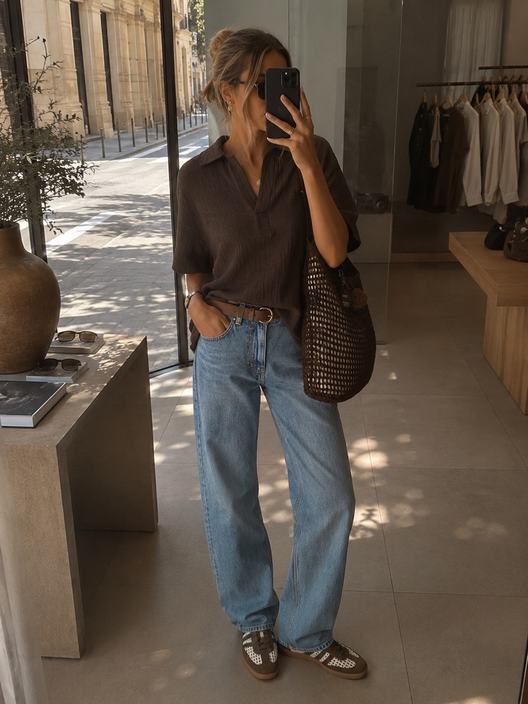Causal everyday look for spring/summer - Brown linen top, jeans, Miu Miu tote bag, Adidas Sambas and buckle belt. 
Massimo Dutti, easy style, minimalist, neutral outfit

#LTKspring #LTKuk #LTKeurope