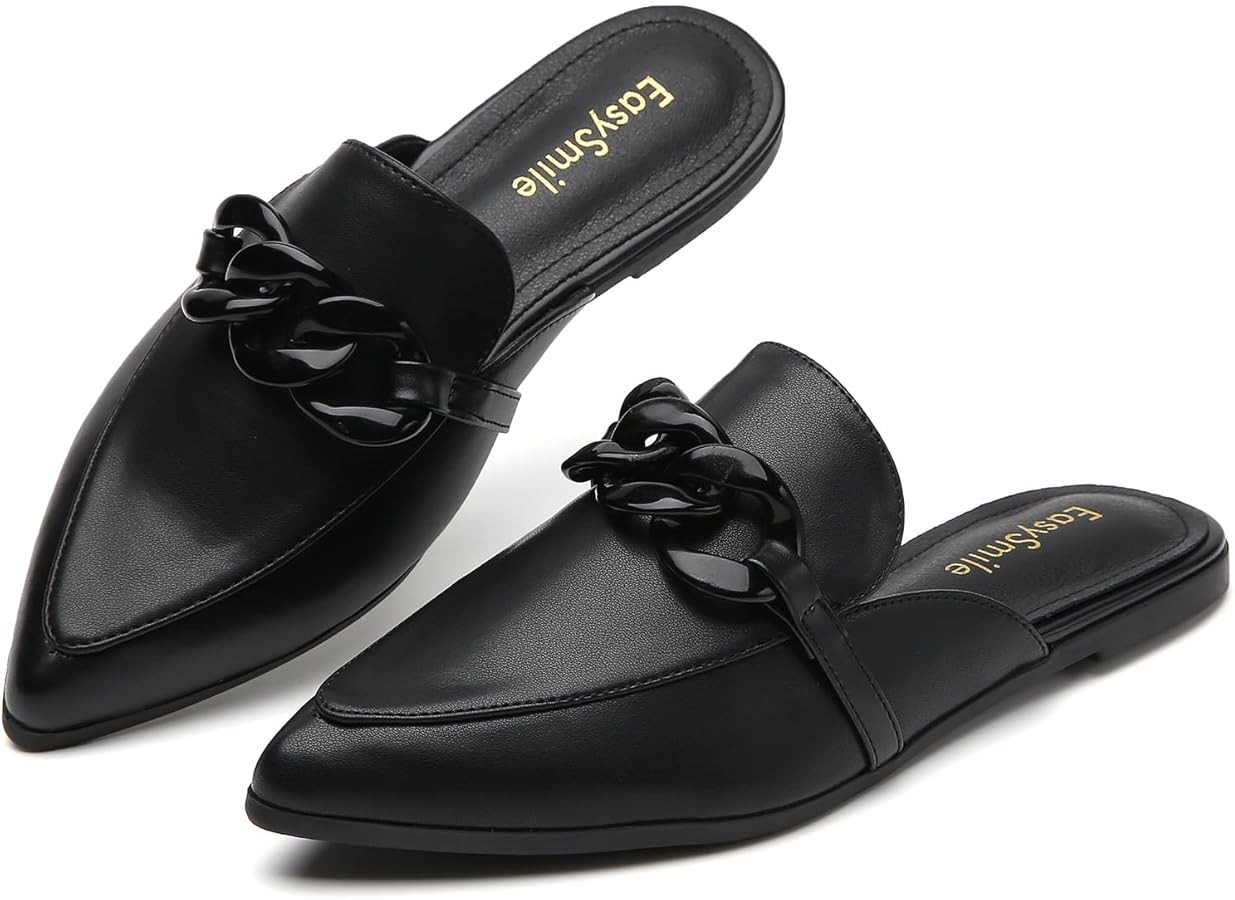 Metal Chain Decor Flat Mules for Women Closed Pointed Toe Slip on Loafers Slides Backless Mules S... | Amazon (US)
