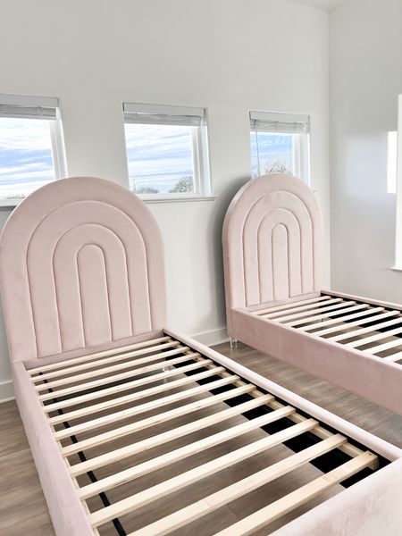 Cute arched pink blush bed with headboard for our ice cream themed rooms. Perfect for kids bedroom or adults too. They have twin, full, queen, and king from wayfair 

#LTKkids #LTKhome #LTKsalealert