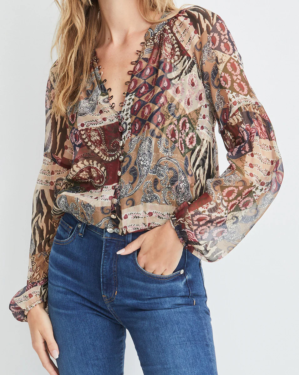 Jayce Patchwork-Print Blouse | Veronica Beard