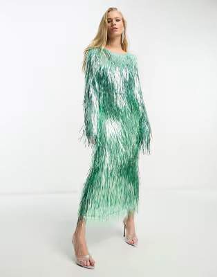 ASOS EDITION metallic fringe midi skirt in green - part of a set | ASOS (Global)