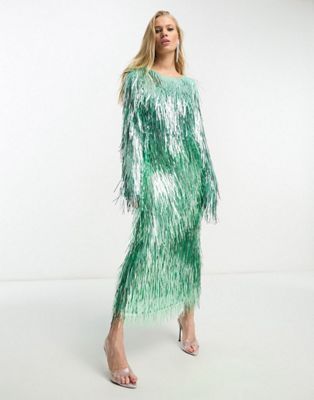 ASOS EDITION metallic fringe midi skirt in green - part of a set | ASOS (Global)