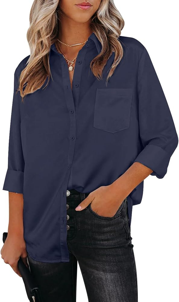 Aoudery Womens Button Down Shirts Dress Shirts Long Sleeve Wrinkle Free Collar Blouses V Neck Wor... | Amazon (US)