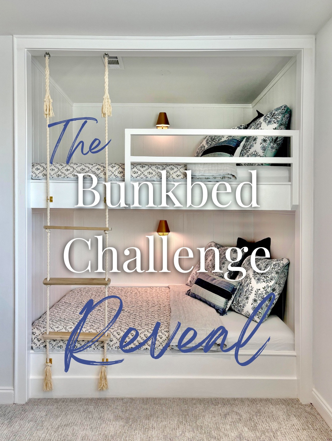 ✨BUNK BED REVEAL!✨

What do you do with a houseful of guests coming for the week, not enough guest rooms and an unused closet off the bonus room? 

Undertake the coziest built-in bunkbeds project of course!!! …and plan to finish it in 7 days! 

This closet was already the perfect size for 2 full-size mattresses, and I had wanted to convert it into built-in bunks for so so long, so we dove in!  

I don’t know if it was a great idea, or if we were seriously crazy, because it took everything we had to get these bunks sleepable by the time our guests arrived. (Ok, I might’ve been a little too optimistic on my seven day timeline… Lol.) 

It took a minute to work out the plans, but once everything was delivered, the race was on.  I decided to build the structure as a loft,  because I knew in the future this would be heavily used, and I wanted to feel secure, no matter how many kids were playing on that top bunk. I’m pretty certain you could put a baby elephant up there and it wouldn’t even wiggle. 

It was so fun adding all the details from nickel gap shiplap, individual dimmable lights, a rope ladder and my absolute favorite Indian block print quilts I fell in love with in Jaipur. They are so incredibly soft, lightweight, and perfect for snuggling. And of course, there’s lots of blue, a pop of turquoise and plenty of crisp white paint!

OK, full disclosure. I missed my deadline. Partly because I thought everybody was arriving on Tuesday morning, when in fact, they arrived Monday early evening.  Not an issue at all, because I was so excited for everybody to get here, but I installed the railing after dinner, lol, and all the touchups and final painting had to wait.  

The good news?  The bunks worked amazing!  And the feedback from the two tween girls that slept there? The best ever!

Would I do it again? Absolutely!!  Although I might give myself a little more time next time.

#LTKKids #LTKWatchNow #LTKHome