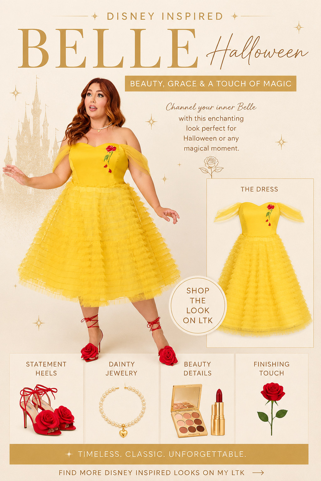 Be our guest...✨ This Disney-inspired Belle look is pure magic for Halloween, Mickey's Not-So-Scary Halloween Party, Disneybounding, cosplay events, or anyone who loves bringing their favorite princess to life.

The stunning yellow tulle dress paired with statement rose heels creates an elegant, instantly recognizable Belle-inspired outfit that's both whimsical and sophisticated. It's the perfect blend of fairy tale and fashion.

Whether you're headed to Disney, a costume party, or planning an unforgettable Halloween look, this outfit is guaranteed to turn heads.

🌹 Shop this enchanting Belle-inspired look on my LTK before it disappears like the last enchanted rose!

#LTKHalloween #LTKStyle #DisneyStyle #BelleInspired #DisneyBounding #BeautyAndTheBeast #HalloweenCostume #DisneyFashion #PrincessStyle #HalloweenOutfit #DisneyAdult #UniqueVintage #DisneyMagic #FallFashion #CostumeInspiration 

 