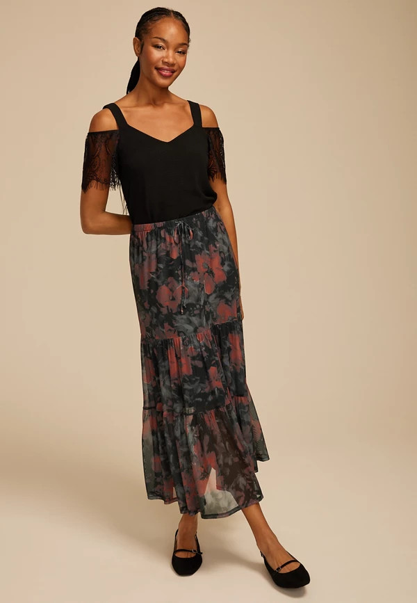 Printed Mesh High Rise Maxi Skirt | Maurices