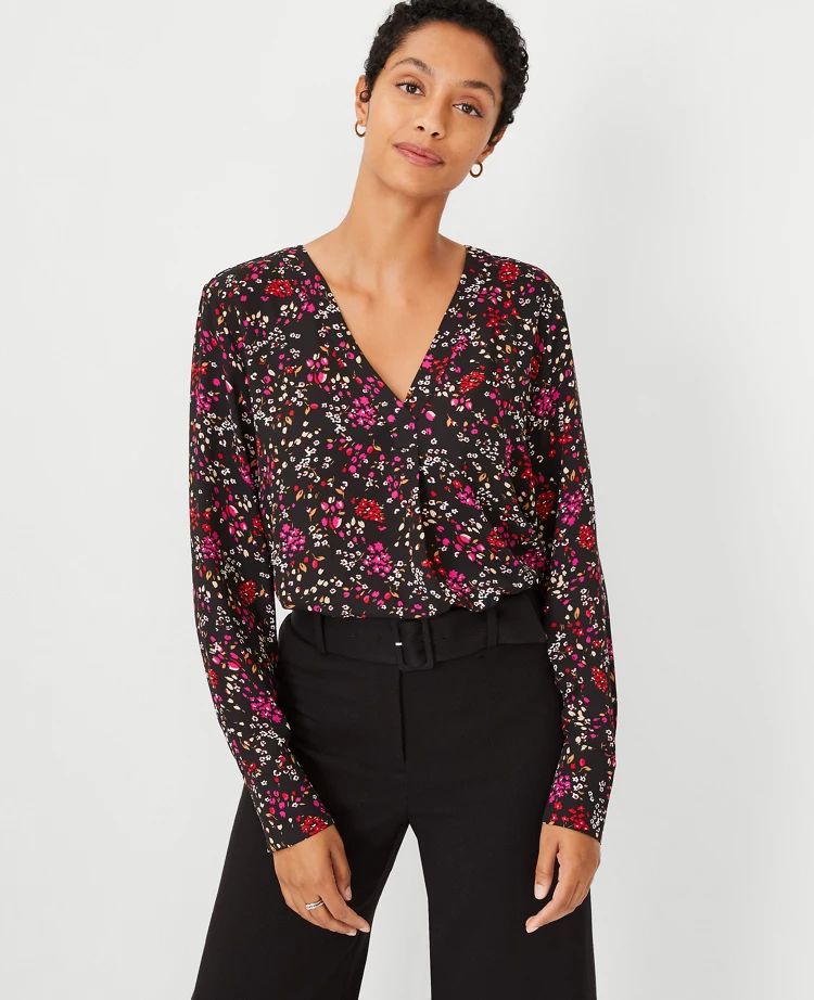 Floral Mixed Media Pleat Front Top | Ann Taylor (US)