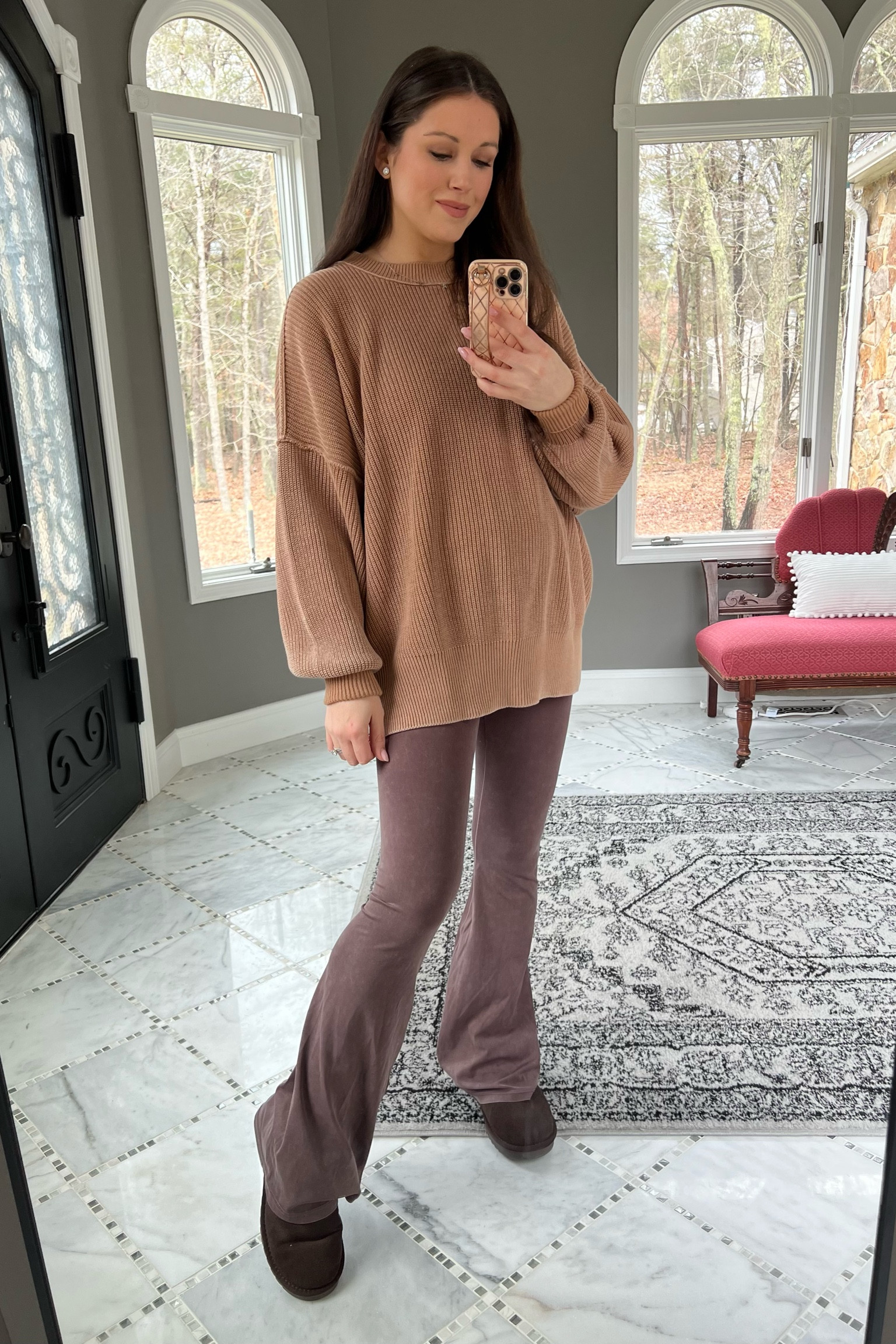 Pregnancy style, pregnancy outfit idea, pregnancy look, bump style, LTK bump, vanilla girl aesthetic, Kate spade wife, tan flare leggings, brown flare leggings, tan sweater, neutral aesthetic, wardrobe basics, brown Uggs, brown suede boots, cozy boots, trendy boots, neutral clothes, oversized sweater, cozy looks, winter vacation outfits, pregnancy ootd, pregnant, 24 weeks pregnant

#LTKsalealert #LTKSale #LTKbump