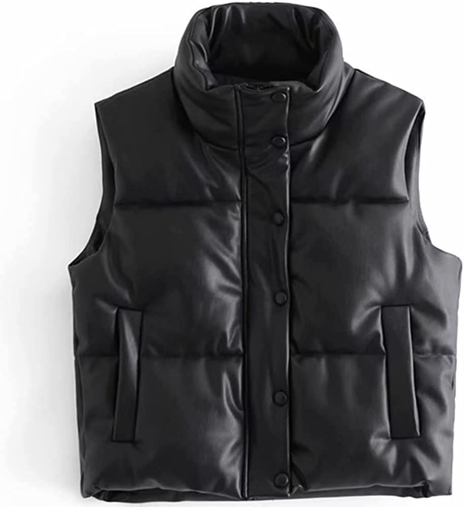 KEOMUD Women's Faux Leather Puffer Vest Black Winter Warm Zip Up Padded Sleeveless Jacket X-Small... | Amazon (US)