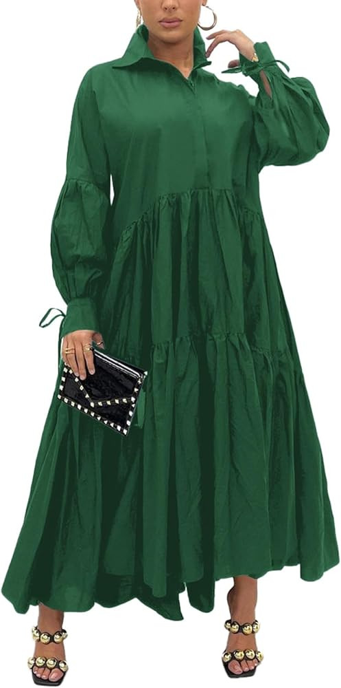 Women's Long Sleeve Maxi Shirt Dress Elegant Button Down Loose Swing Party Dress | Amazon (US)