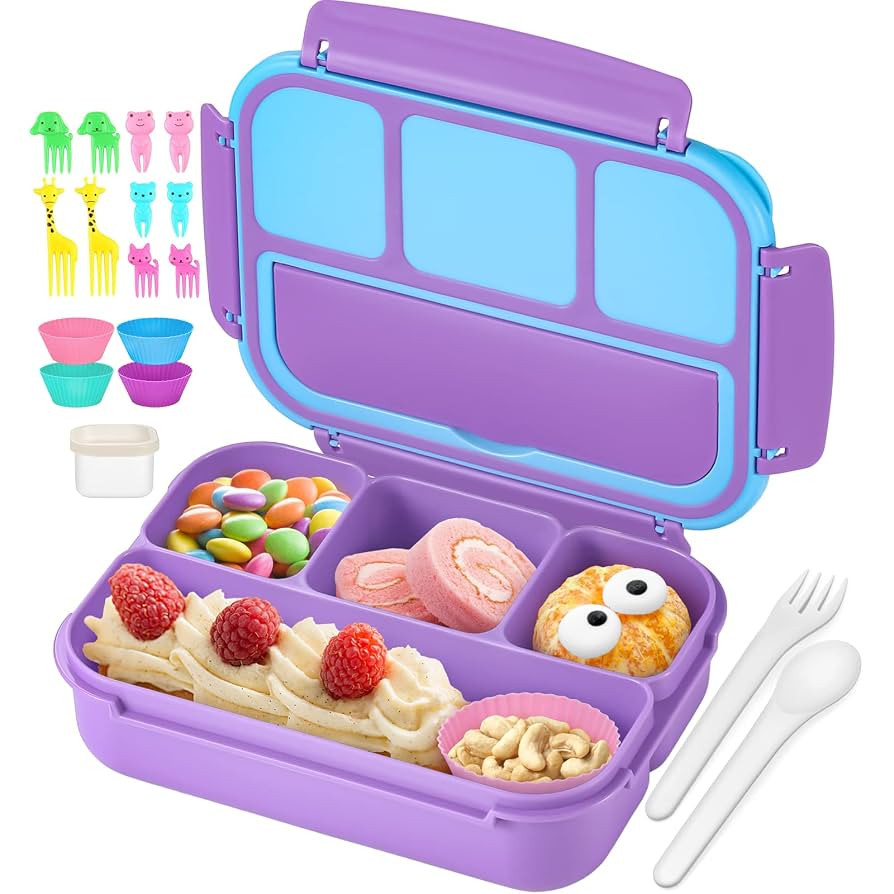 QQKO Bento Lunch Box with 4 Compartments, Sauce Container, Utensils, Food Picks and Muffin Cups f... | Amazon (US)
