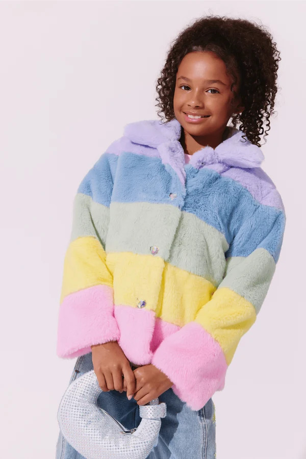 Rainbow Stripe Faux Fur Jacket | Lola + The Boys