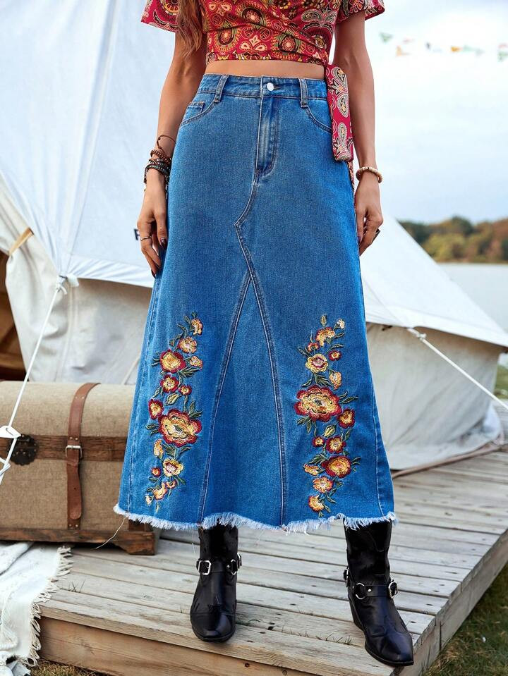 SHEIN LUNE Women's High-Waisted Loose Fit Embroidered Denim Skirt, Blue | SHEIN