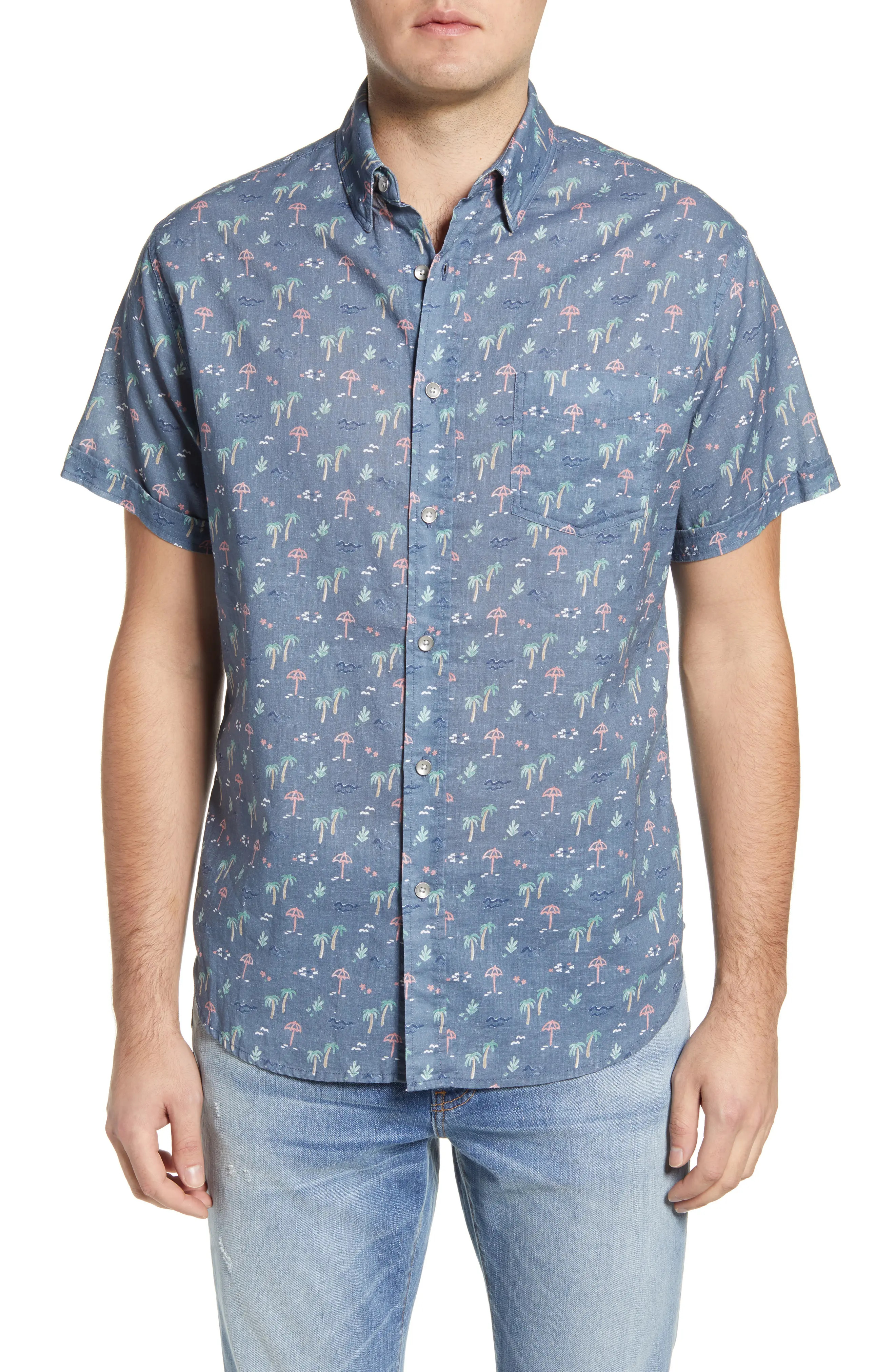Men's Rails Carson Short Sleeve Linen Blend Button-Up Shirt, Size Large - Blue | Nordstrom