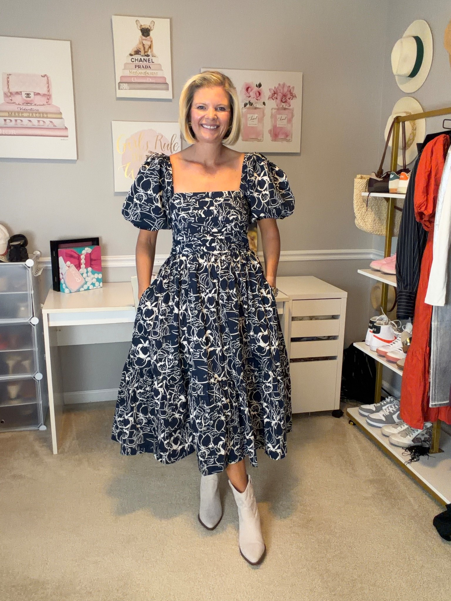 Navy and white midi dress with pockets TTS
Light suede bootie western cowboy boots TTS

#LTKMidsize #LTKSeasonal #LTKWorkwear