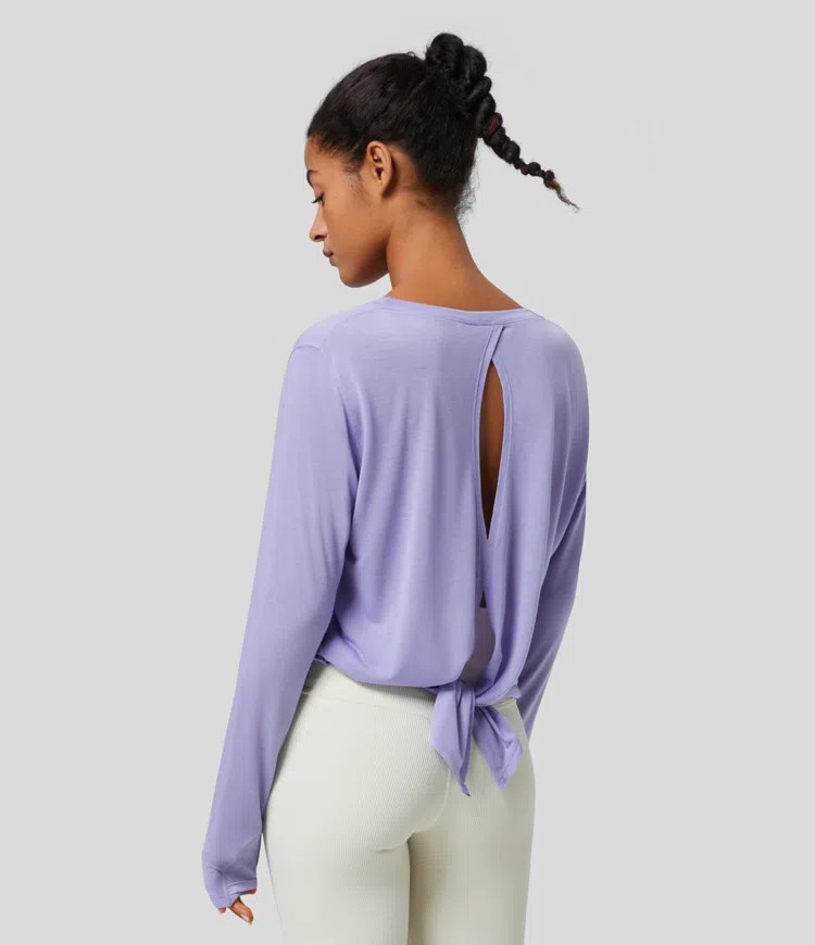 Women’s Round Neck Long Sleeve Cut Out Split Tie Back Yoga Sports Top - Halara | HALARA