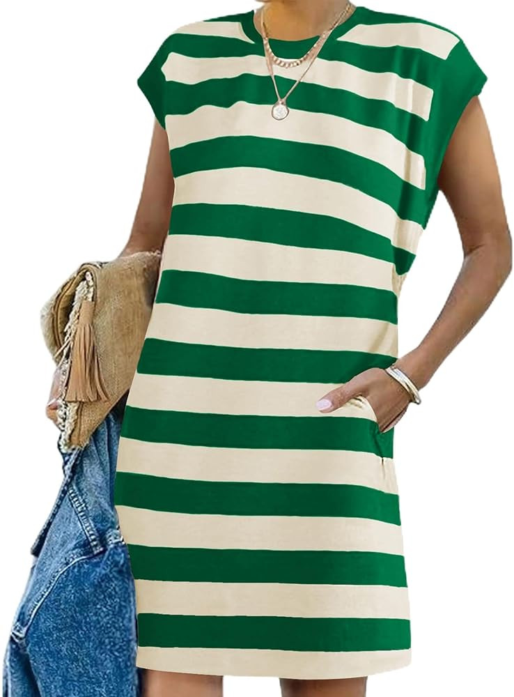 Naggoo Womens Summer Striped T Shirt Dress Crew Neck Cap Sleeve Color Block Casual A Line Short D... | Amazon (US)